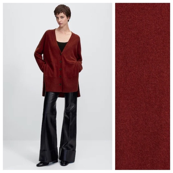 NWT. Massimo Dutti Maroon Wool/Cashmere Blend V-neck Long Cardigan. SIze L. - Picture 1 of 11